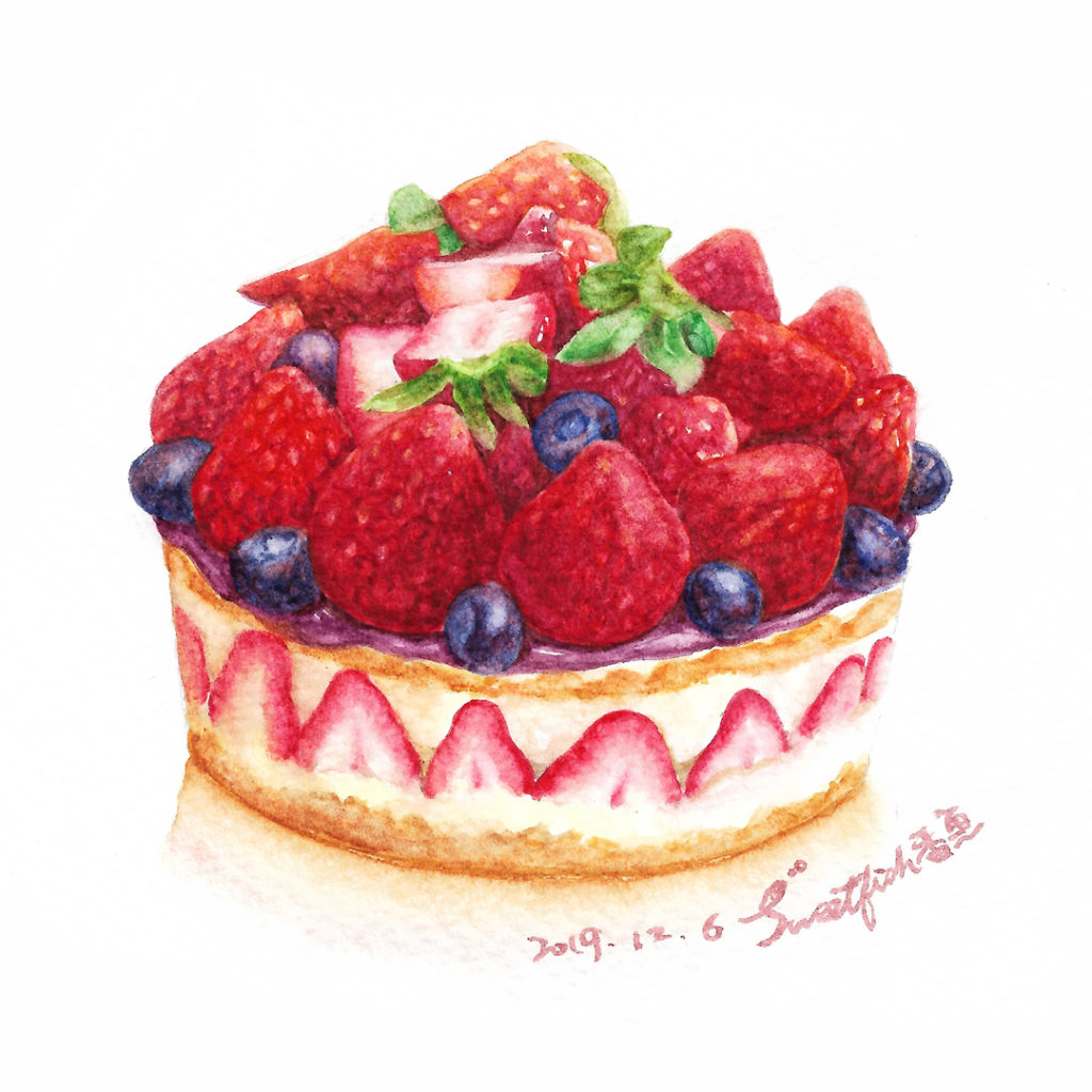 strawberry-cake-decorated-with-blueberries-watercolor-food-illustration-by-sweetfish-food-art