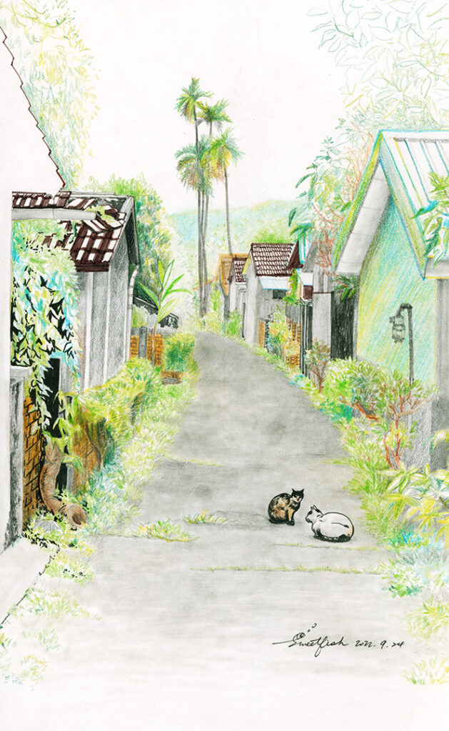 chung-hsing-new-village-and-calico-cats-and-houses-illustration-by-sweetfish-food-art-rectangle