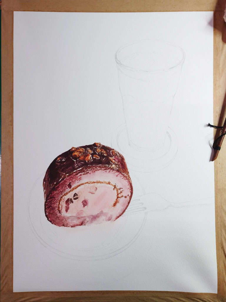 cafe-arena-appearance-chocolate-cake-roll-and-pour-over-iced-coffee-watercolor-food-painting-by-sweetfish-food-art-painting-process-01