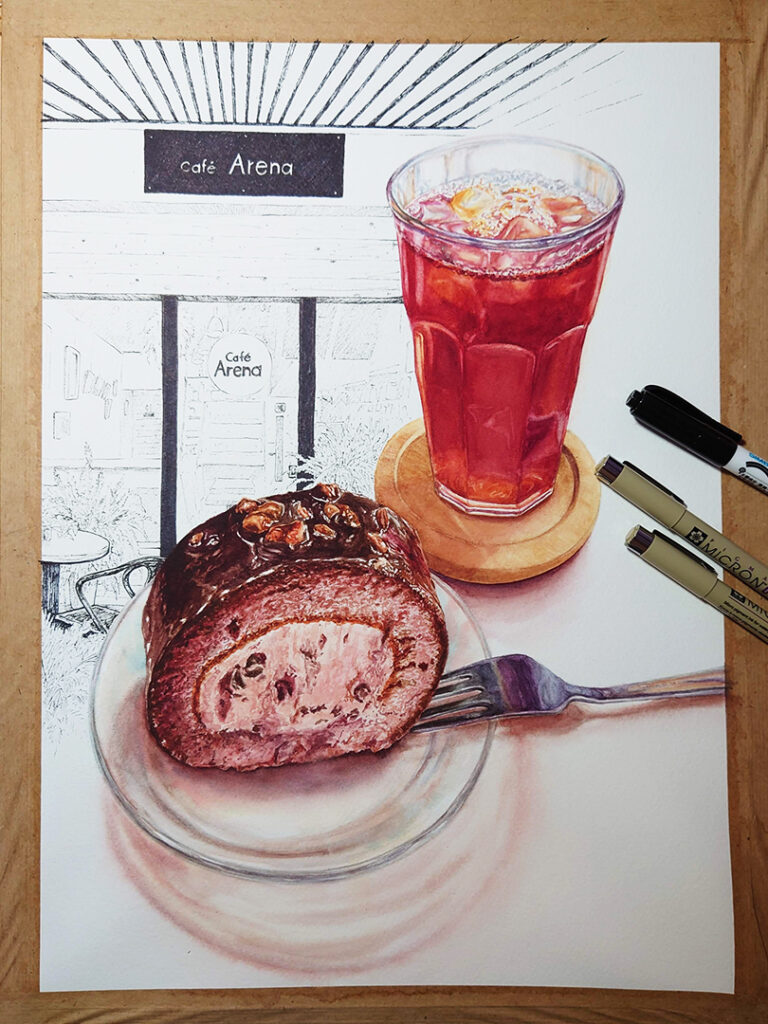 cafe-arena-appearance-chocolate-cake-roll-and-pour-over-iced-coffee-watercolor-food-painting-by-sweetfish-food-art-painting-process-06
