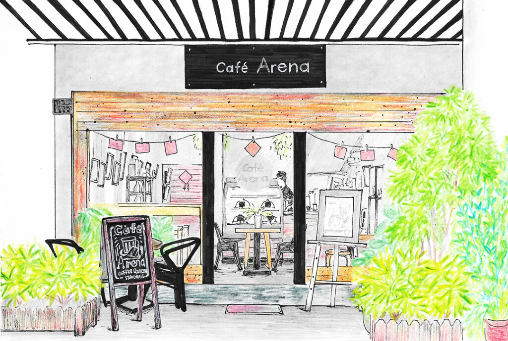 cafe-arena-colored-pencil-shopfront-architecture-illustration-by-sweetfish-food-art-web