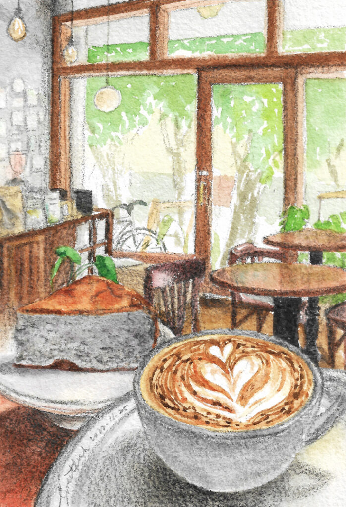 cappuccino-and-sesame-basque-cheesecake-homu-coffee-watercolor-food-illustration-by-sweetfish-food-art