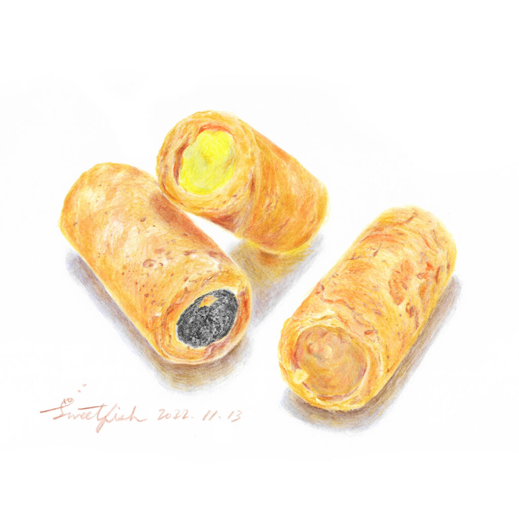 flaky-egg-roll-biscuits-colored-pencil-food-illustration-by-sweetfish-food-art